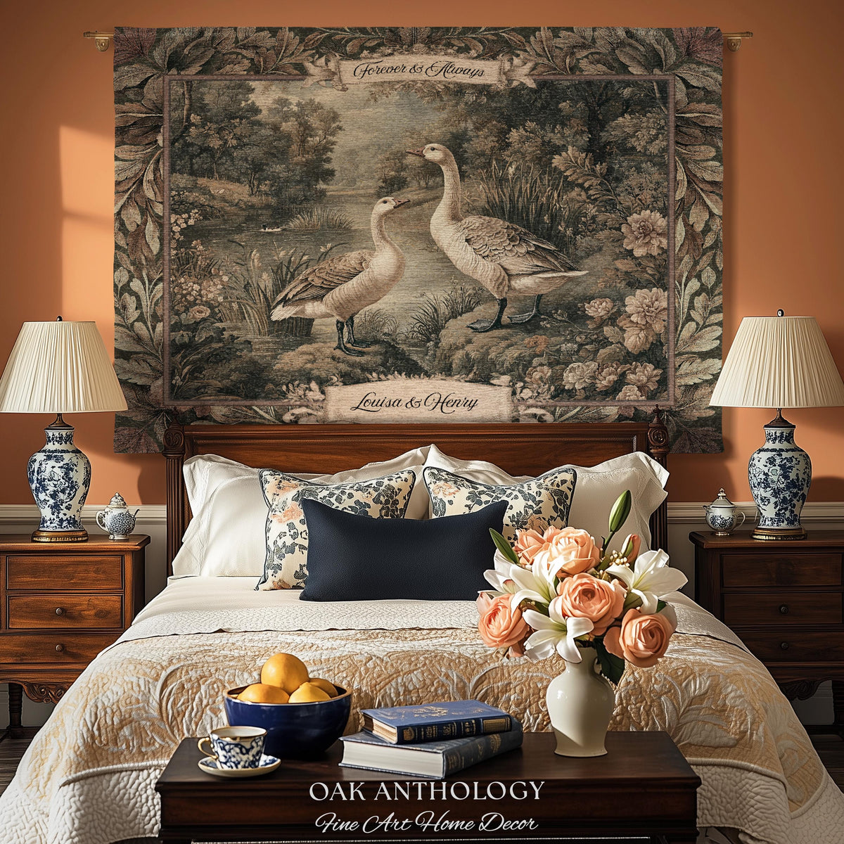 Heirloom Style River Woodland Wild Geese Couple Art Woven Tapestry Wall Hanging Throw | Custom Wedding Blanket Anniversary Meaningful Gifts