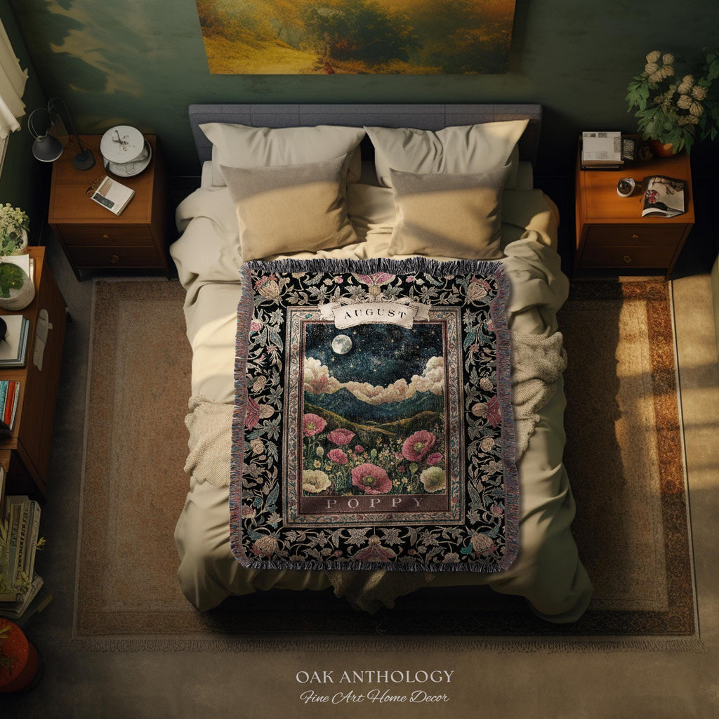 Moonlit Poppy August Birth Month Flower Woven Tapestry Throw Landscape Wall Hanging | Nostalgic Storybook Antique Nature Art Birthday Gift