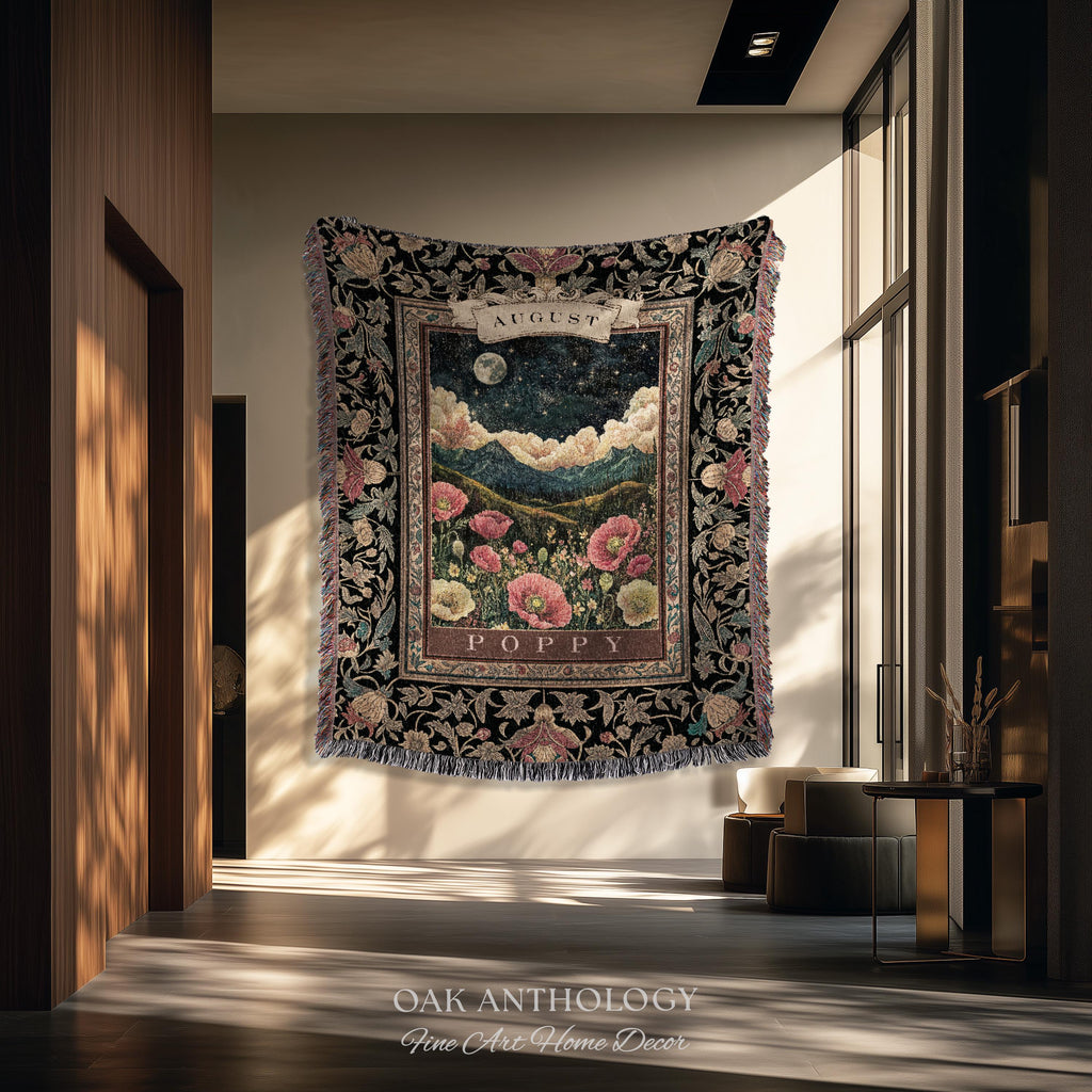 Moonlit Poppy August Birth Month Flower Woven Tapestry Throw Landscape Wall Hanging | Nostalgic Storybook Antique Nature Art Birthday Gift