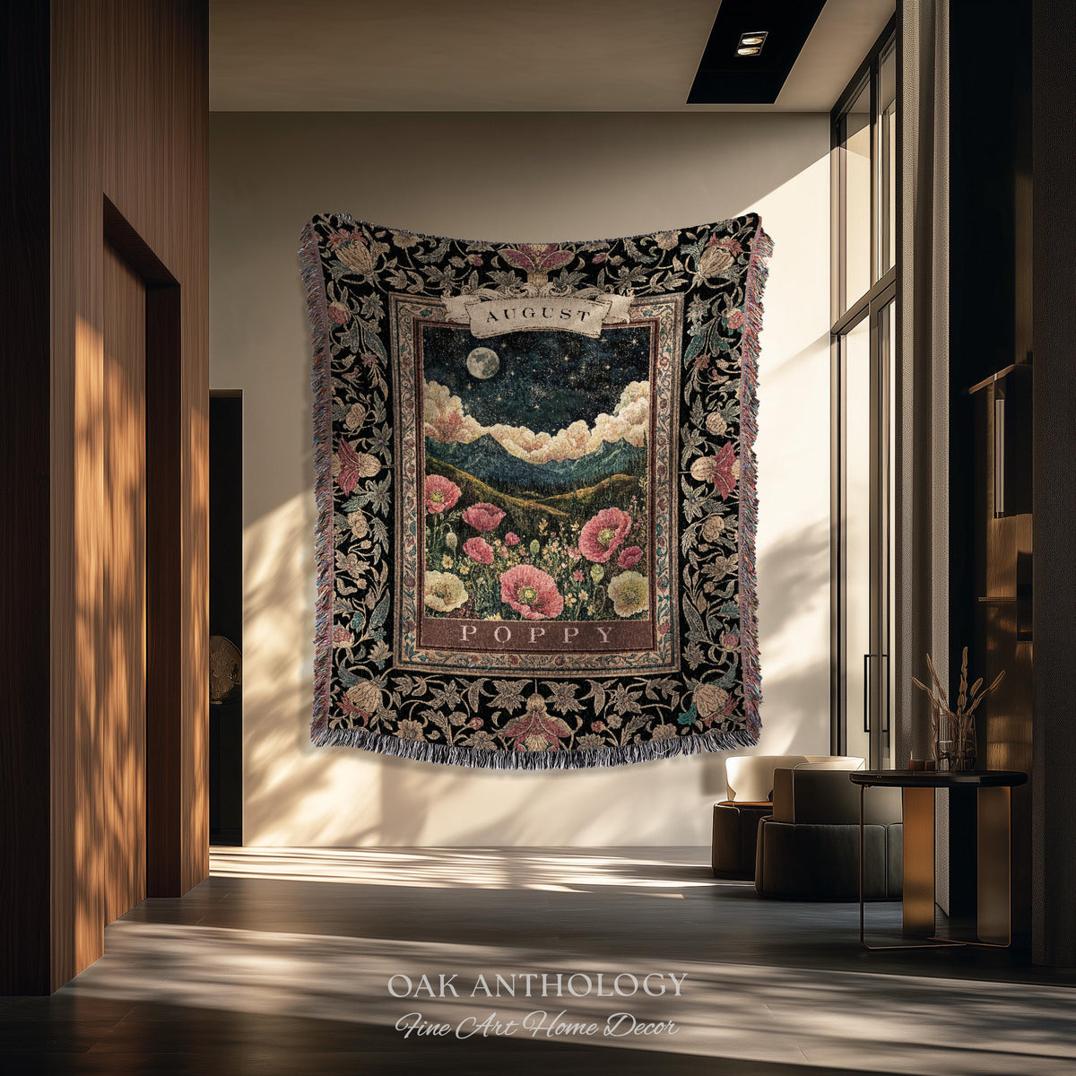 Moonlit Poppy August Birth Month Flower Woven Tapestry Throw Landscape Wall Hanging | Nostalgic Storybook Antique Nature Art Birthday Gift