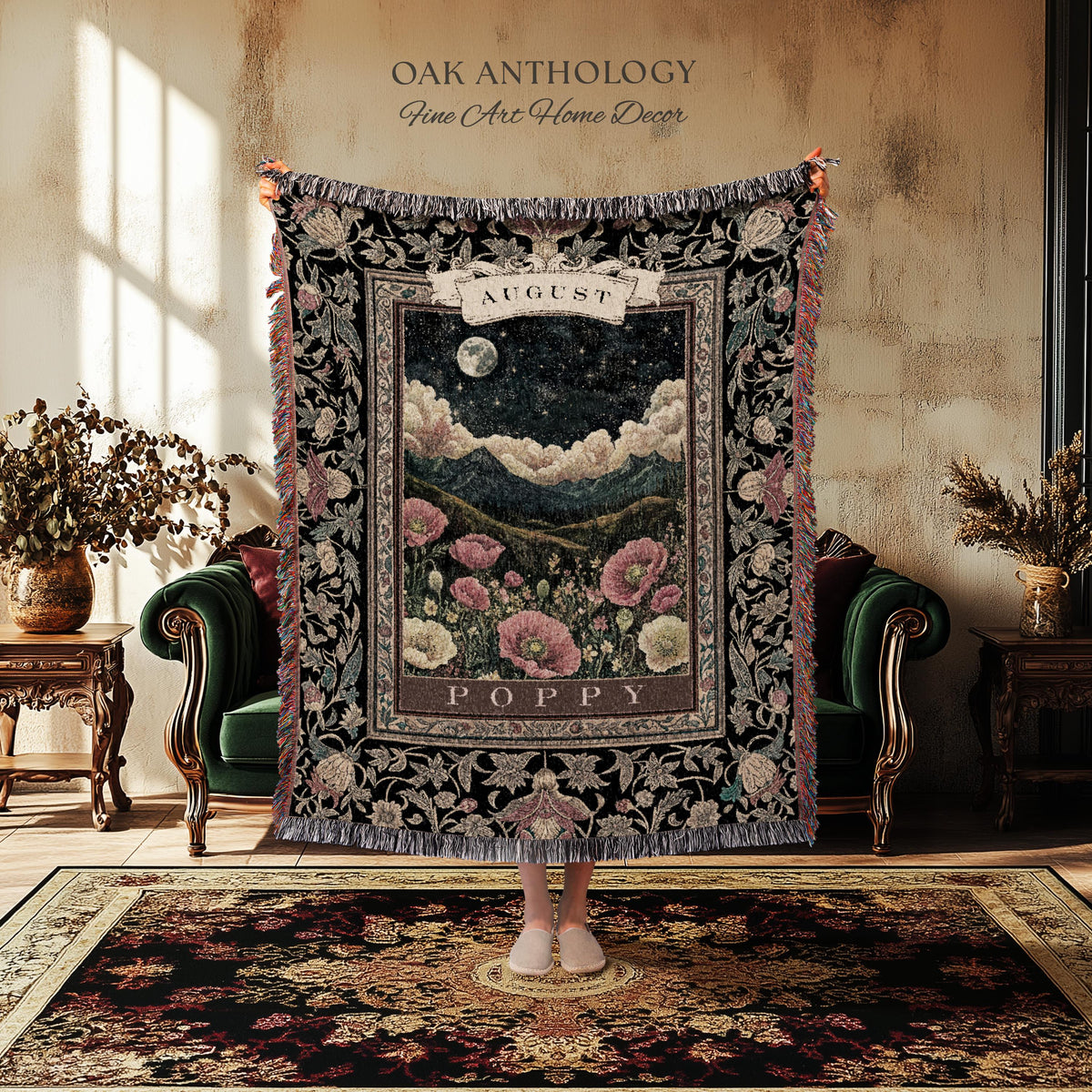 Moonlit Poppy August Birth Month Flower Woven Tapestry Throw Landscape Wall Hanging | Nostalgic Storybook Antique Nature Art Birthday Gift