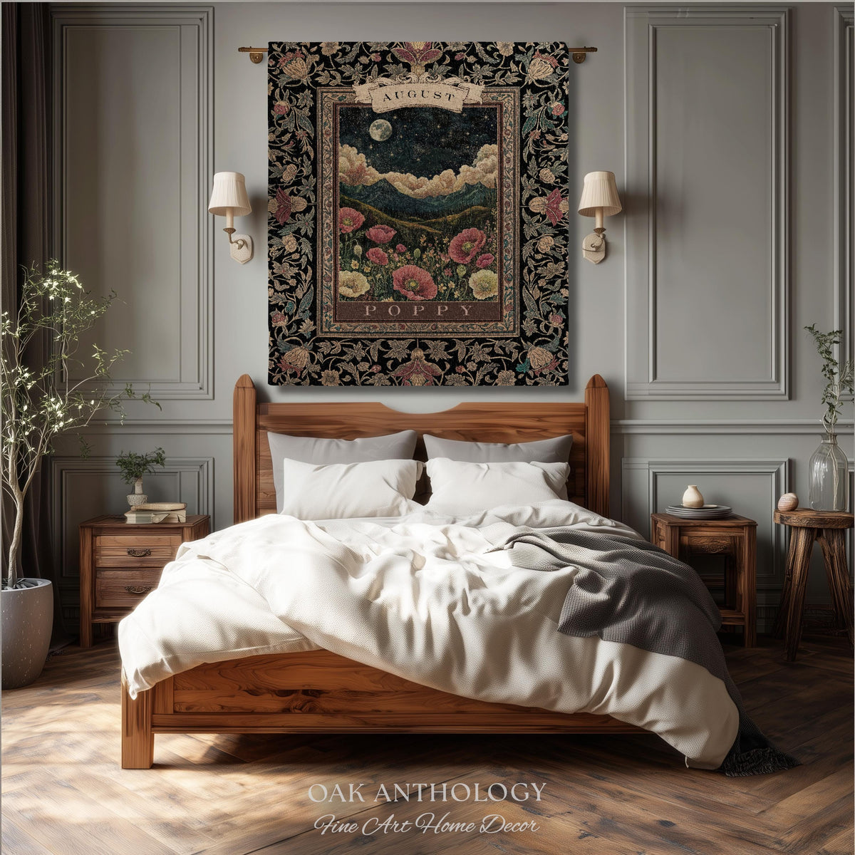 Moonlit Poppy August Birth Month Flower Woven Tapestry Throw Landscape Wall Hanging | Nostalgic Storybook Antique Nature Art Birthday Gift