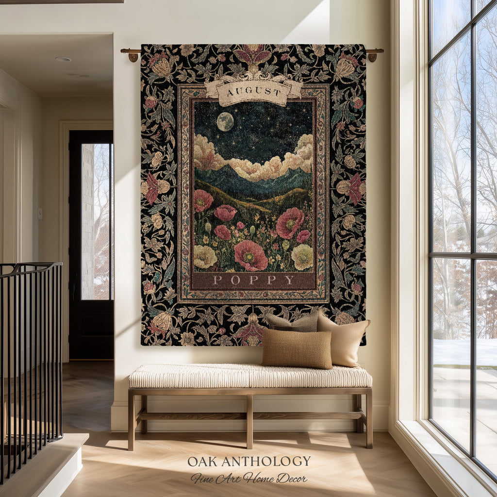 Moonlit Poppy August Birth Month Flower Woven Tapestry Throw Landscape Wall Hanging | Nostalgic Storybook Antique Nature Art Birthday Gift