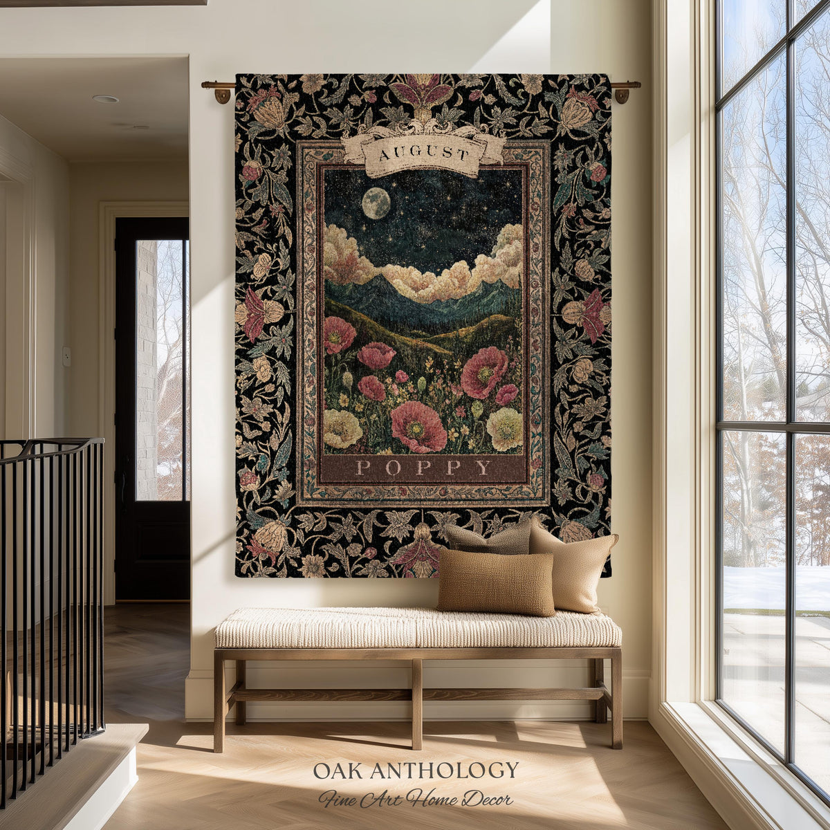 Moonlit Poppy August Birth Month Flower Woven Tapestry Throw Landscape Wall Hanging | Nostalgic Storybook Antique Nature Art Birthday Gift