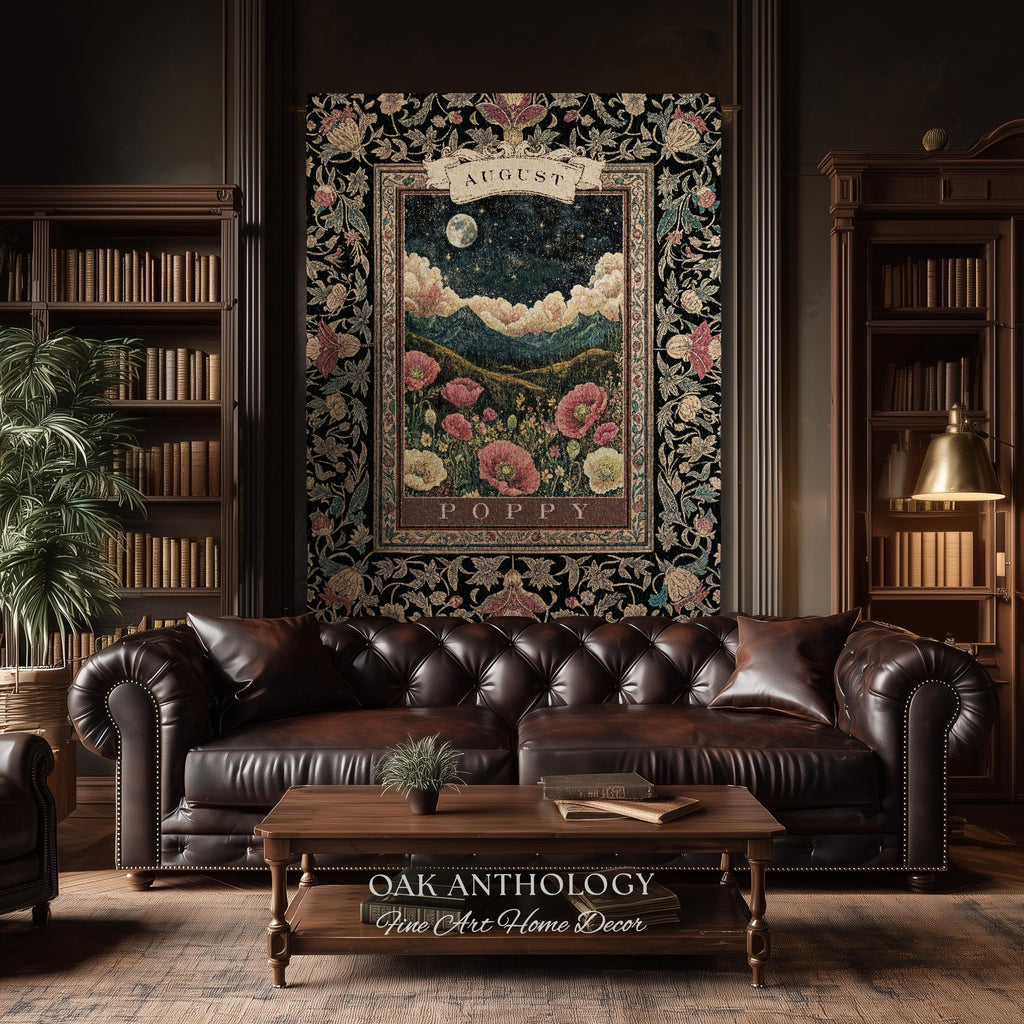 Moonlit Poppy August Birth Month Flower Woven Tapestry Throw Landscape Wall Hanging | Nostalgic Storybook Antique Nature Art Birthday Gift