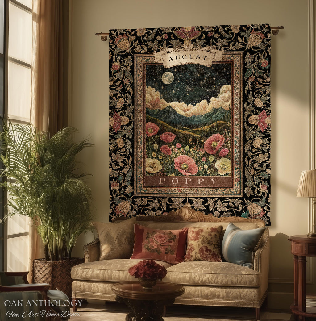Moonlit Poppy August Birth Month Flower Woven Tapestry Throw Landscape Wall Hanging | Nostalgic Storybook Antique Nature Art Birthday Gift