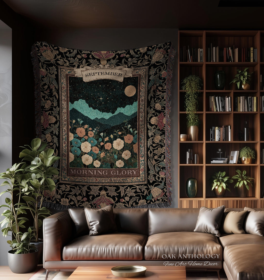 Folk Art Floral Wall Hanging Birth Month Morning Glory Flower Woven Tapestry, Dark Academia Nature Scene Throw September Birthday Gift Decor