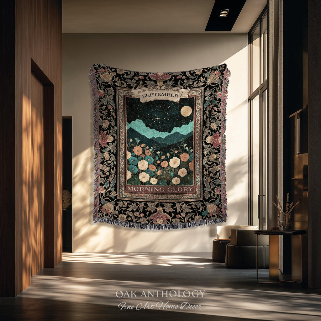 Folk Art Floral Wall Hanging Birth Month Morning Glory Flower Woven Tapestry, Dark Academia Nature Scene Throw September Birthday Gift Decor