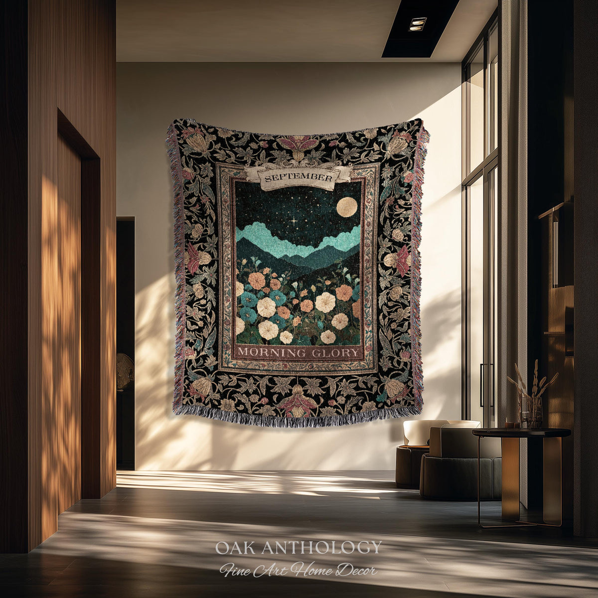 Folk Art Floral Wall Hanging Birth Month Morning Glory Flower Woven Tapestry, Dark Academia Nature Scene Throw September Birthday Gift Decor