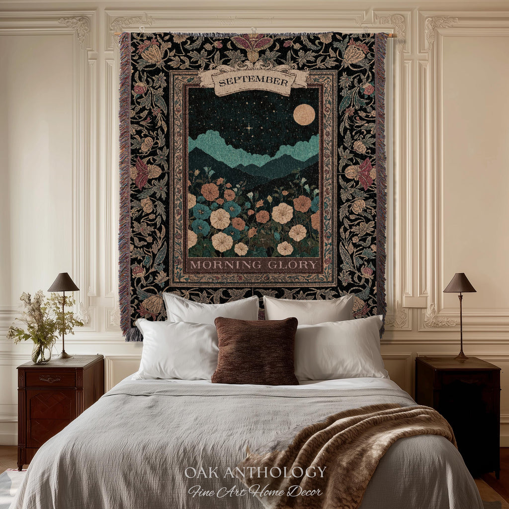 Folk Art Floral Wall Hanging Birth Month Morning Glory Flower Woven Tapestry, Dark Academia Nature Scene Throw September Birthday Gift Decor