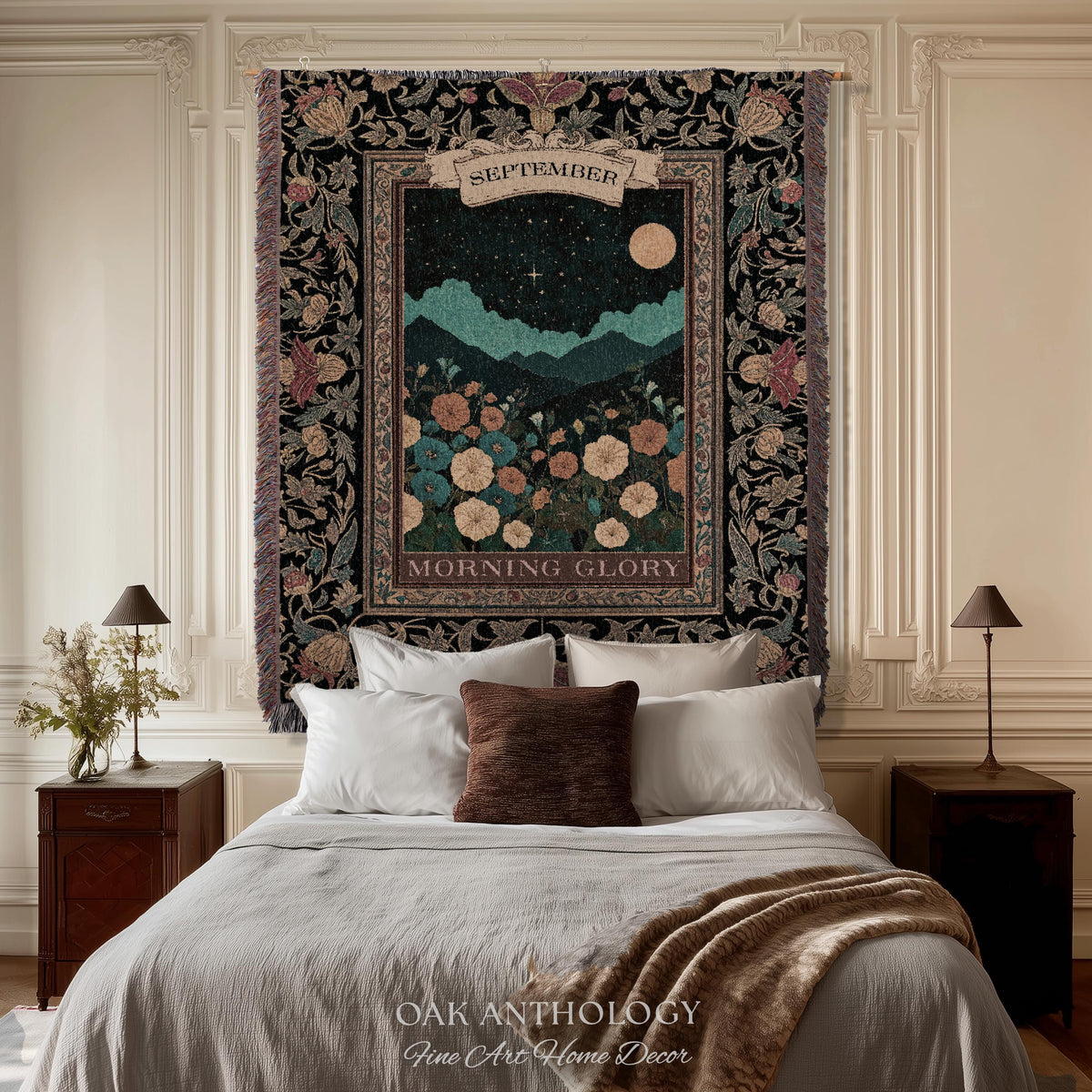 Folk Art Floral Wall Hanging Birth Month Morning Glory Flower Woven Tapestry, Dark Academia Nature Scene Throw September Birthday Gift Decor