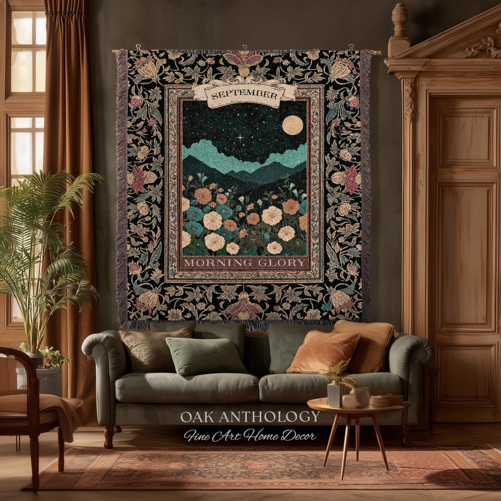 Folk Art Floral Wall Hanging Birth Month Morning Glory Flower Woven Tapestry, Dark Academia Nature Scene Throw September Birthday Gift Decor