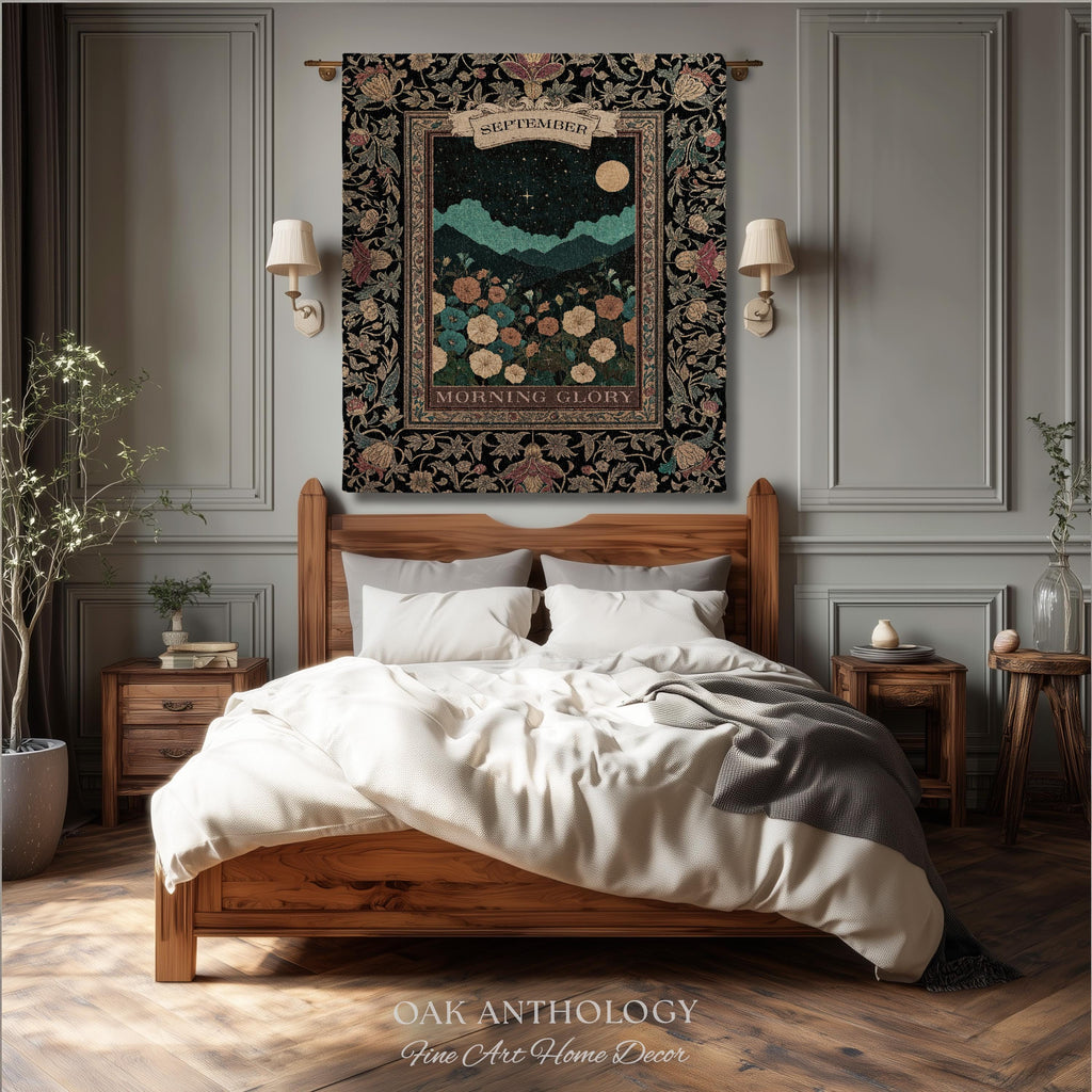 Folk Art Floral Wall Hanging Birth Month Morning Glory Flower Woven Tapestry, Dark Academia Nature Scene Throw September Birthday Gift Decor