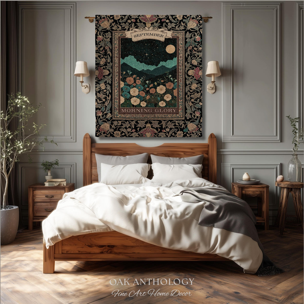Folk Art Floral Wall Hanging Birth Month Morning Glory Flower Woven Tapestry, Dark Academia Nature Scene Throw September Birthday Gift Decor