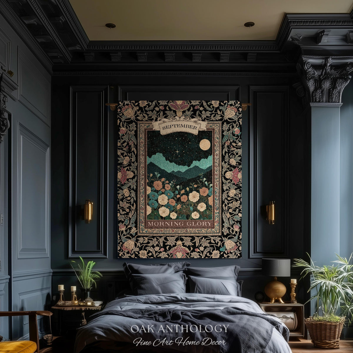 Folk Art Floral Wall Hanging Birth Month Morning Glory Flower Woven Tapestry, Dark Academia Nature Scene Throw September Birthday Gift Decor