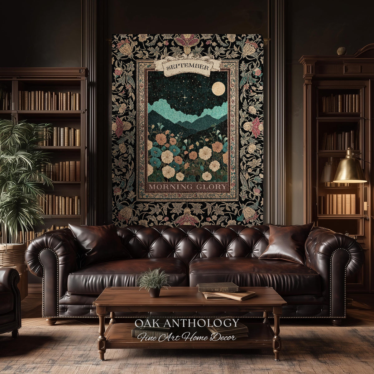 Folk Art Floral Wall Hanging Birth Month Morning Glory Flower Woven Tapestry, Dark Academia Nature Scene Throw September Birthday Gift Decor