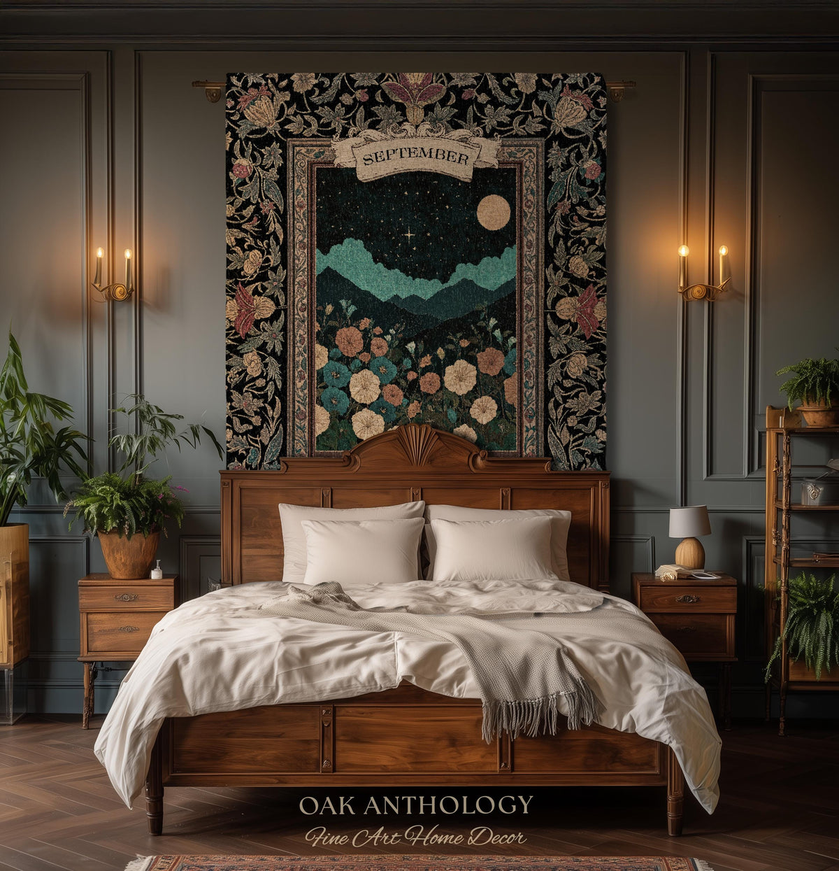 Folk Art Floral Wall Hanging Birth Month Morning Glory Flower Woven Tapestry, Dark Academia Nature Scene Throw September Birthday Gift Decor