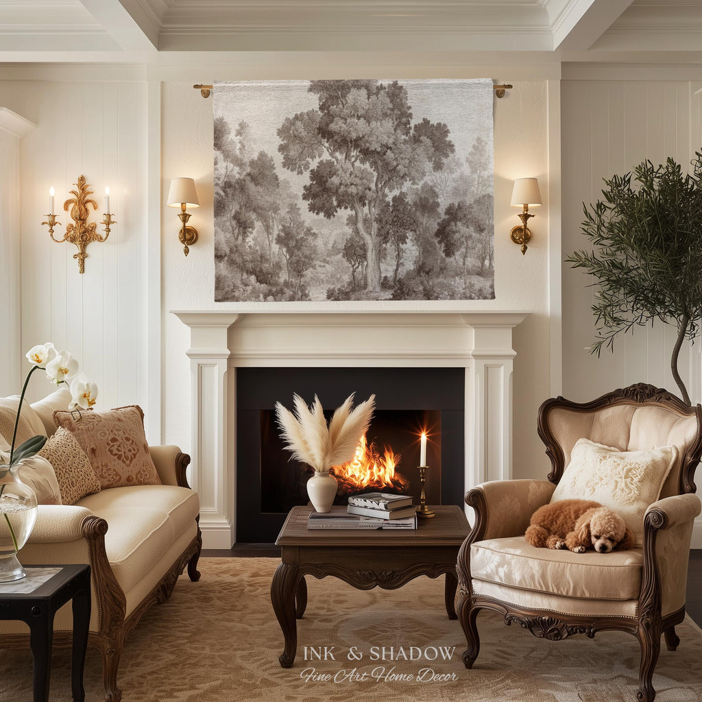 Old World Misty Woodland Tree Tapestry Heritage Nature Muted Wall Art | Neutral Foggy Forest Rustic Throw Vintage Woven Sepia Home Decor