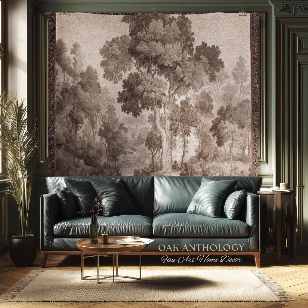 Old World Misty Woodland Tree Tapestry Heritage Nature Muted Wall Art | Neutral Foggy Forest Rustic Throw Vintage Woven Sepia Home Decor