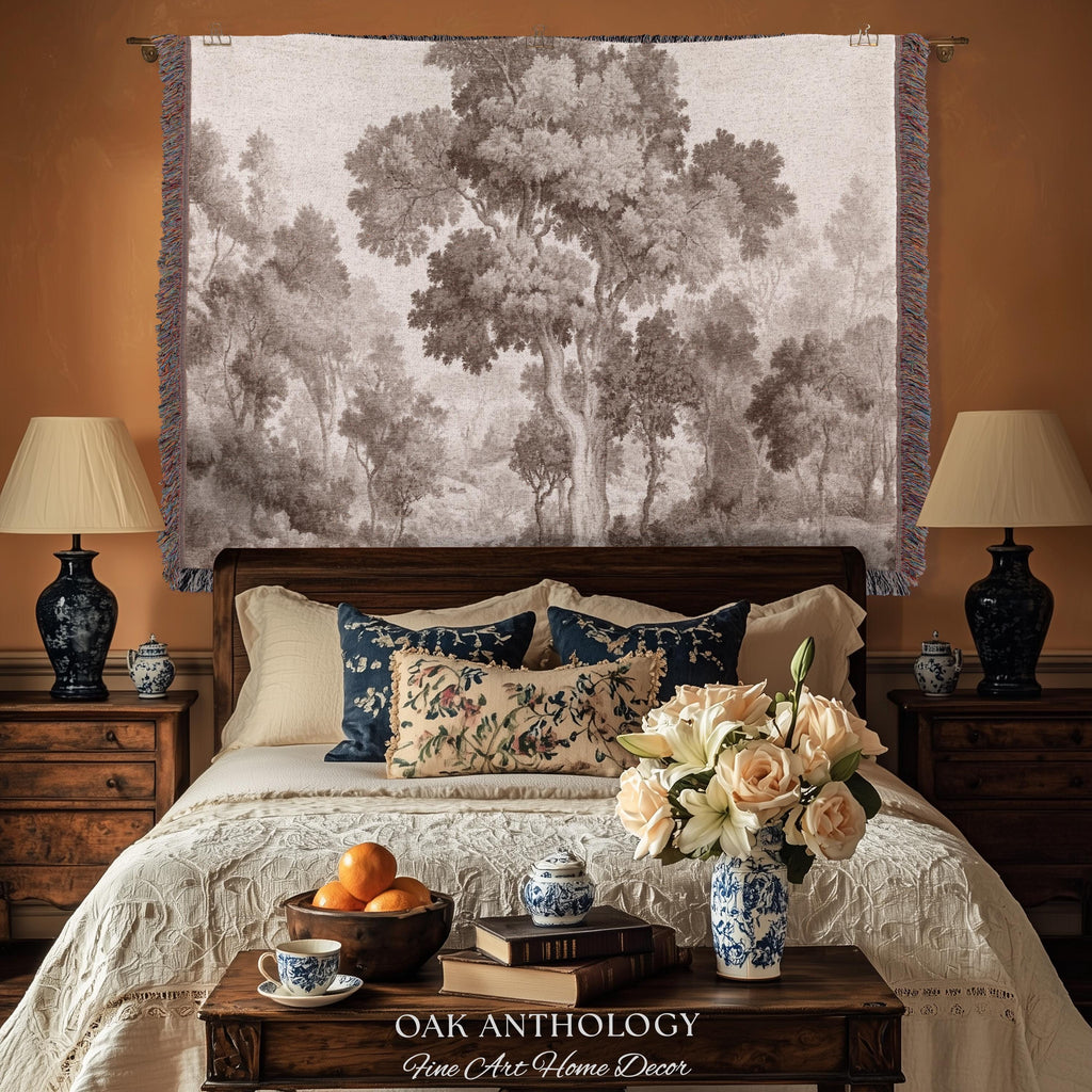 Old World Misty Woodland Tree Tapestry Heritage Nature Muted Wall Art | Neutral Foggy Forest Rustic Throw Vintage Woven Sepia Home Decor