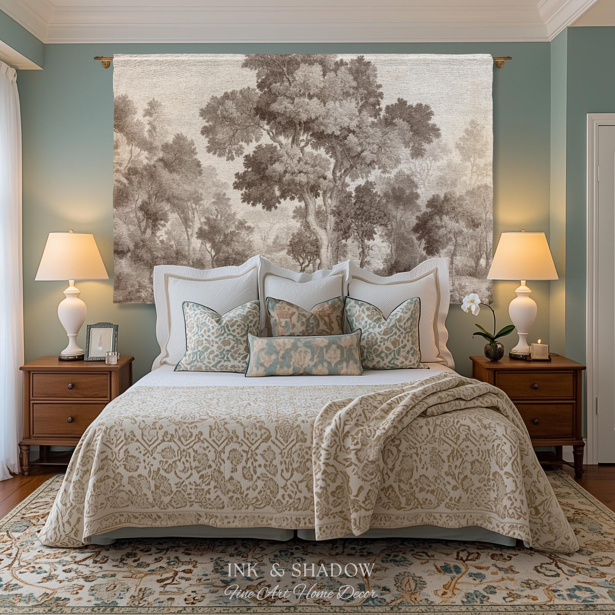 Old World Misty Woodland Tree Tapestry Heritage Nature Muted Wall Art | Neutral Foggy Forest Rustic Throw Vintage Woven Sepia Home Decor