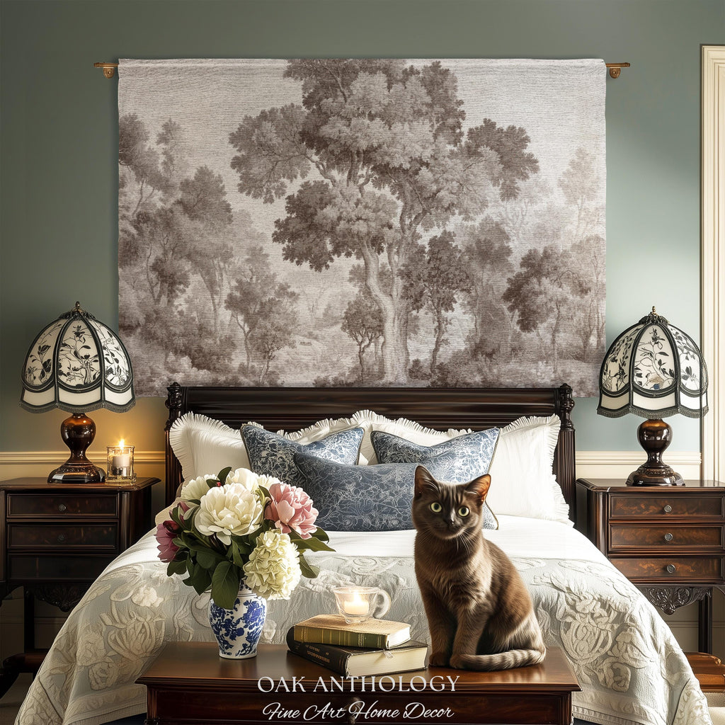 Old World Misty Woodland Tree Tapestry Heritage Nature Muted Wall Art | Neutral Foggy Forest Rustic Throw Vintage Woven Sepia Home Decor
