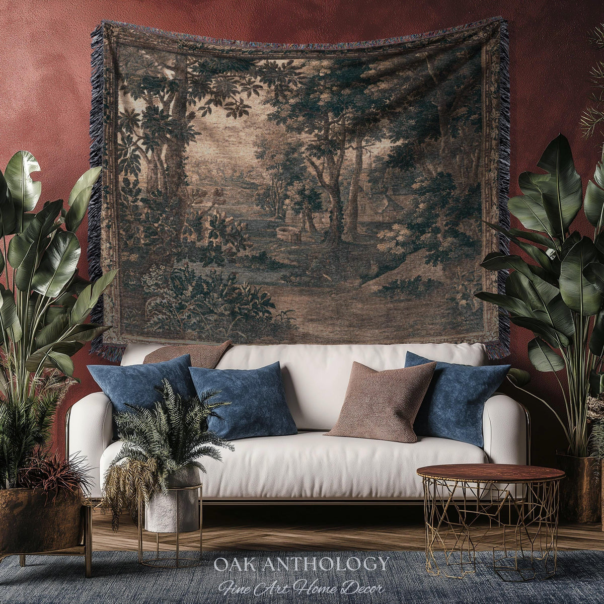 Sepia Forest Grove Landscape Tapestry Classic European Pastoral Scene | Rustic Heritage Baroque Verdure Woven Woodland Old World Wall Art