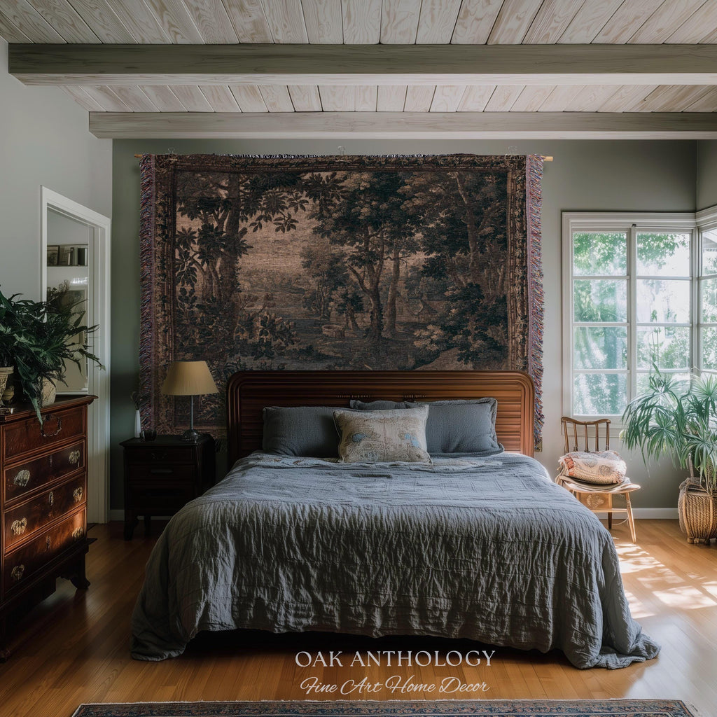 Sepia Forest Grove Landscape Tapestry Classic European Pastoral Scene | Rustic Heritage Baroque Verdure Woven Woodland Old World Wall Art