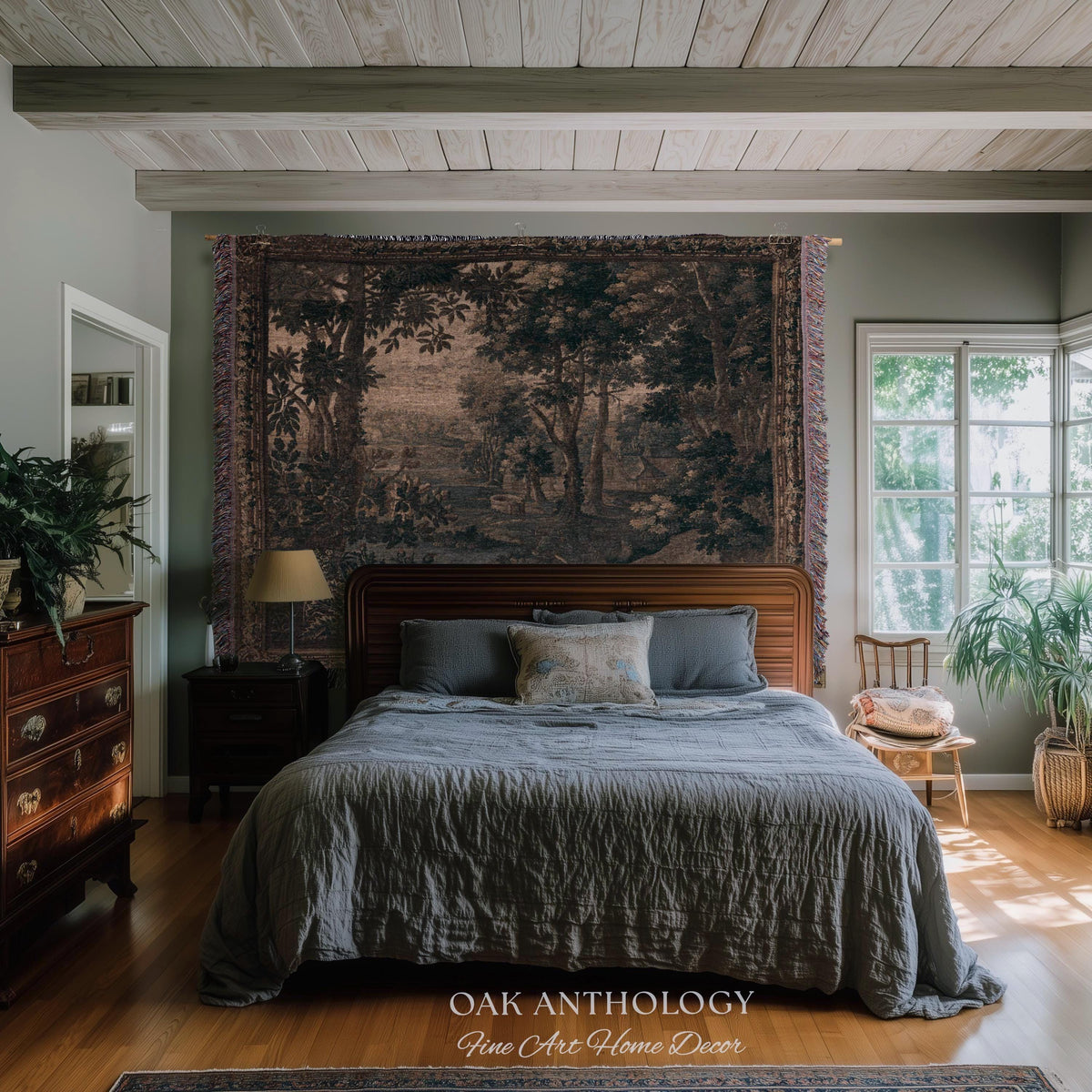 Sepia Forest Grove Landscape Tapestry Classic European Pastoral Scene | Rustic Heritage Baroque Verdure Woven Woodland Old World Wall Art