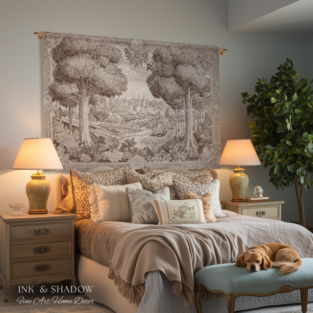 Castle Scenery Old World Tapestry Sepia Landscape Art | French Chateau Decor Woven Throw Blanket Romantic Classical Countryside Wall Hanging