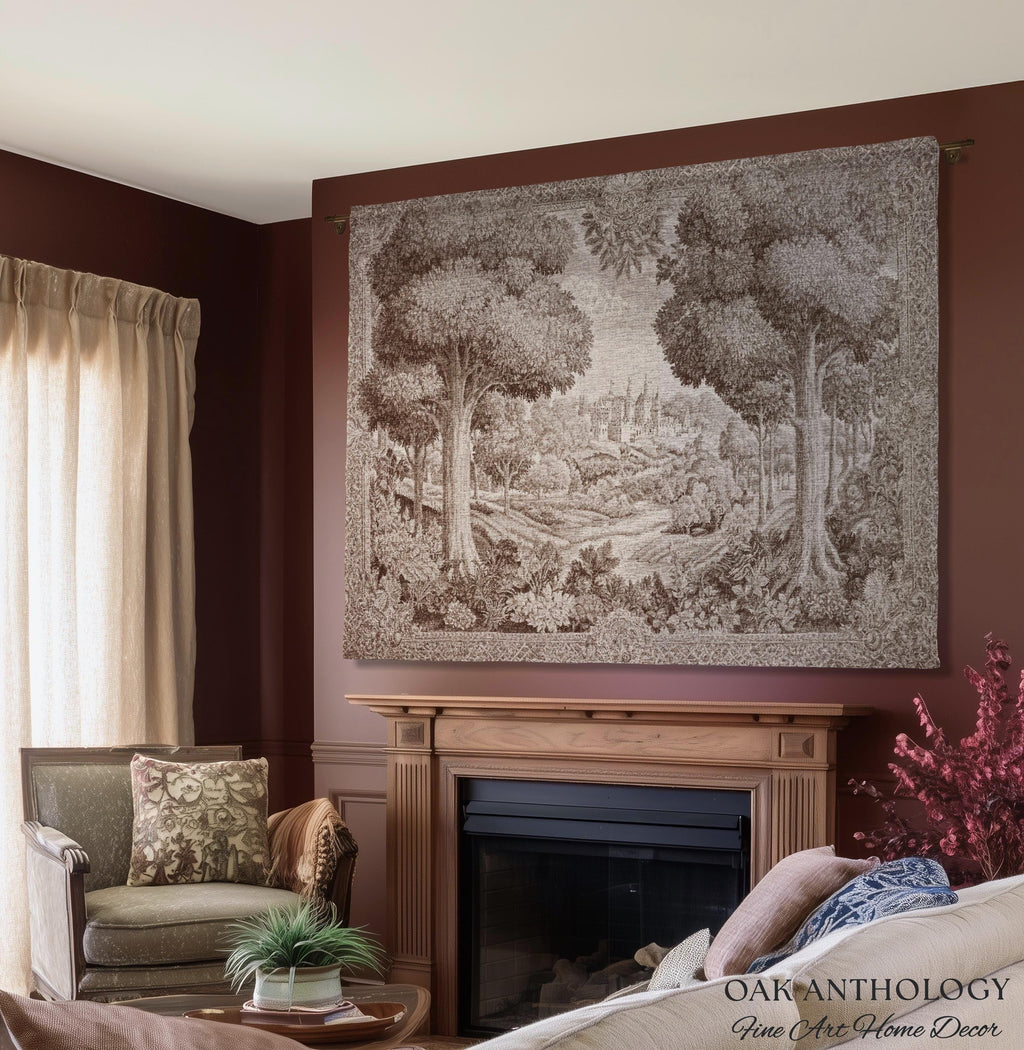 Castle Scenery Old World Tapestry Sepia Landscape Art | French Chateau Decor Woven Throw Blanket Romantic Classical Countryside Wall Hanging