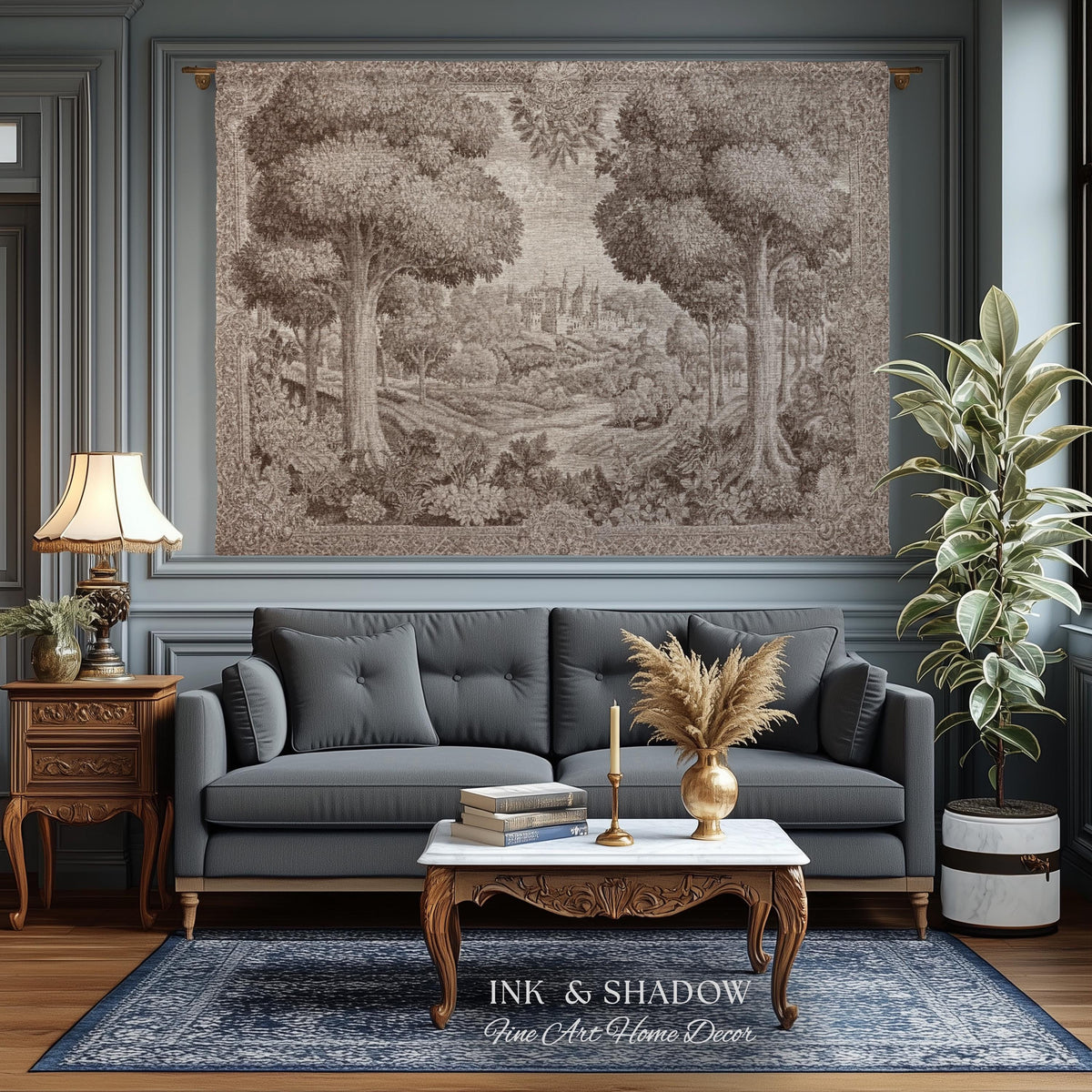 Castle Scenery Old World Tapestry Sepia Landscape Art | French Chateau Decor Woven Throw Blanket Romantic Classical Countryside Wall Hanging