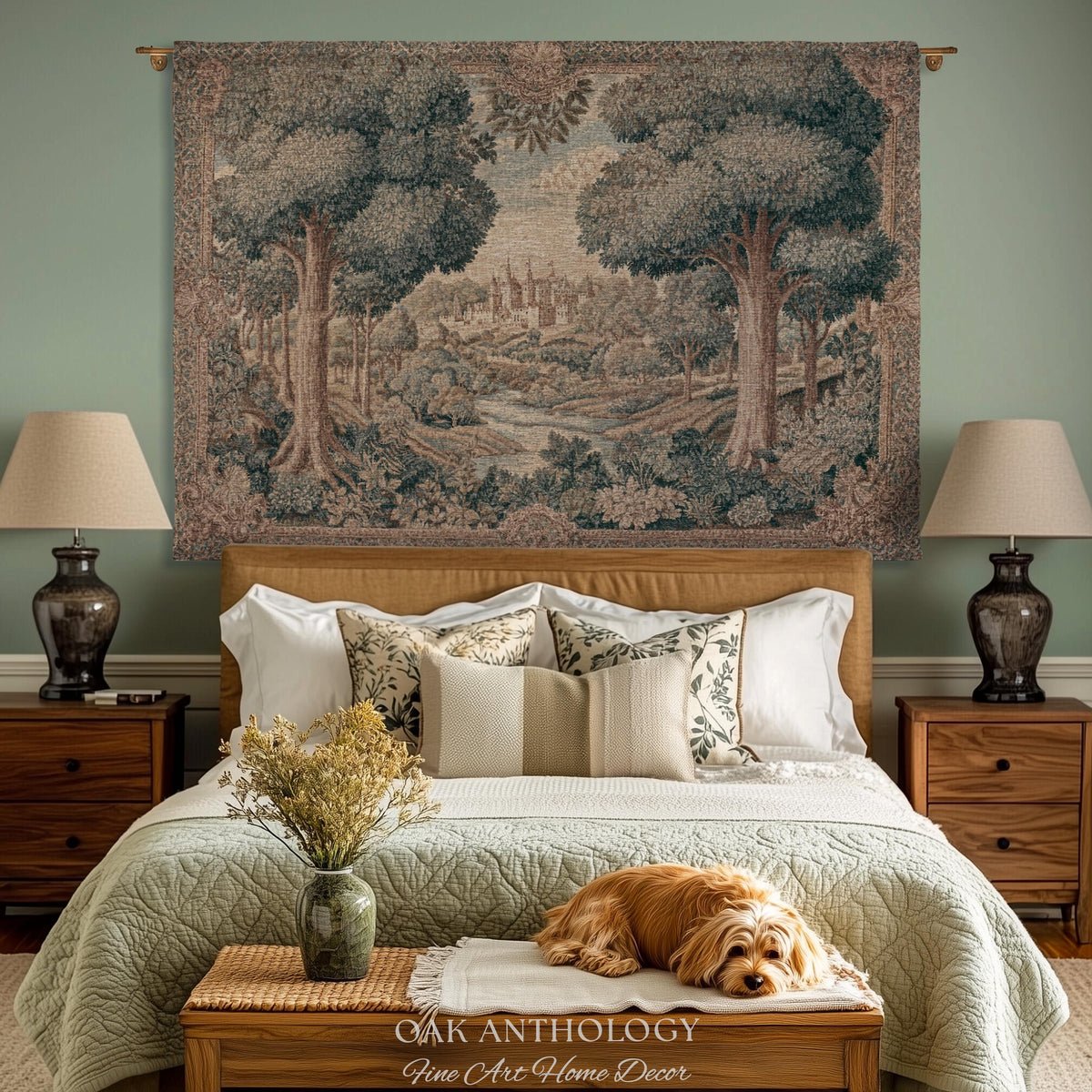 Storybook Castle Countryside Valley View Woven Tapestry Wall Hanging | Classical European River Landscape Heirloom Style Textile Art Decor