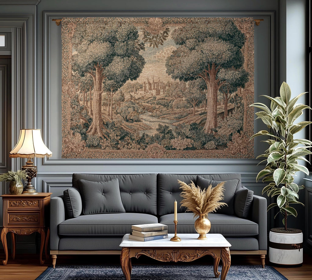 Storybook Castle Countryside Valley View Woven Tapestry Wall Hanging | Classical European River Landscape Heirloom Style Textile Art Decor
