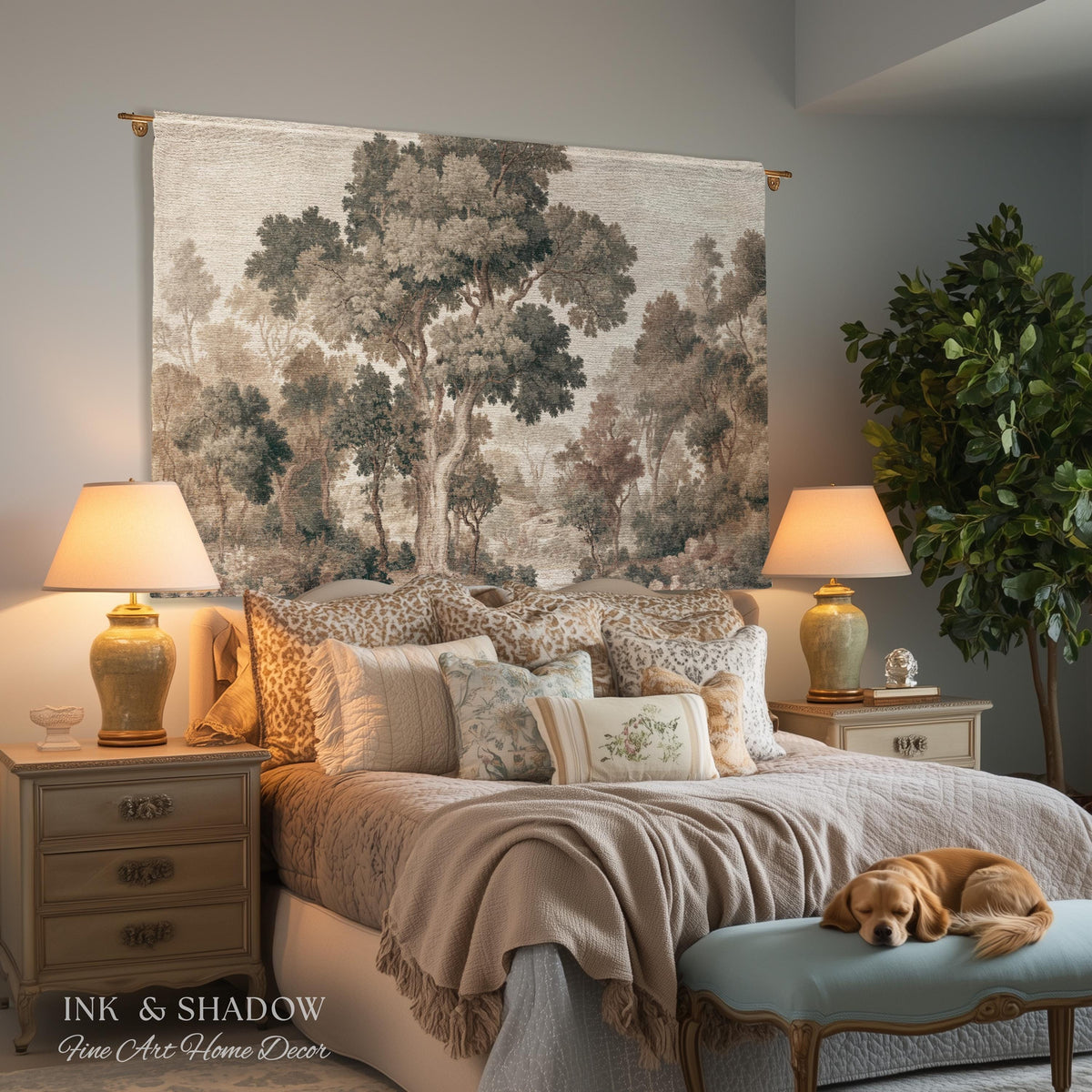 Majestic Tree Misty Forest Tapestry Woven Wall Hanging | Muted Tones Woodland Throw Blanket Rustic Elegance Nature Landscape Art Home Decor