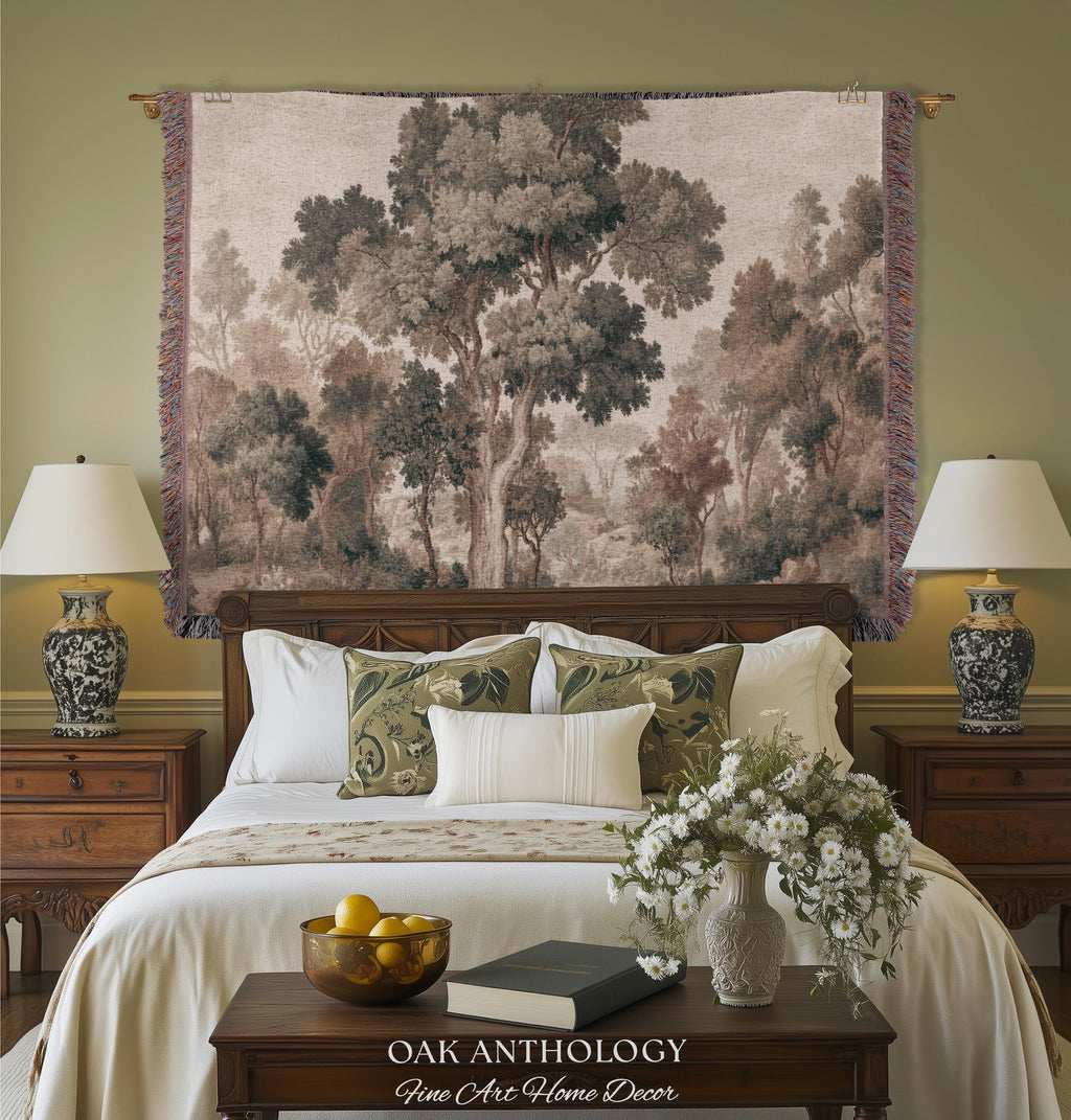 Majestic Tree Misty Forest Tapestry Woven Wall Hanging | Muted Tones Woodland Throw Blanket Rustic Elegance Nature Landscape Art Home Decor