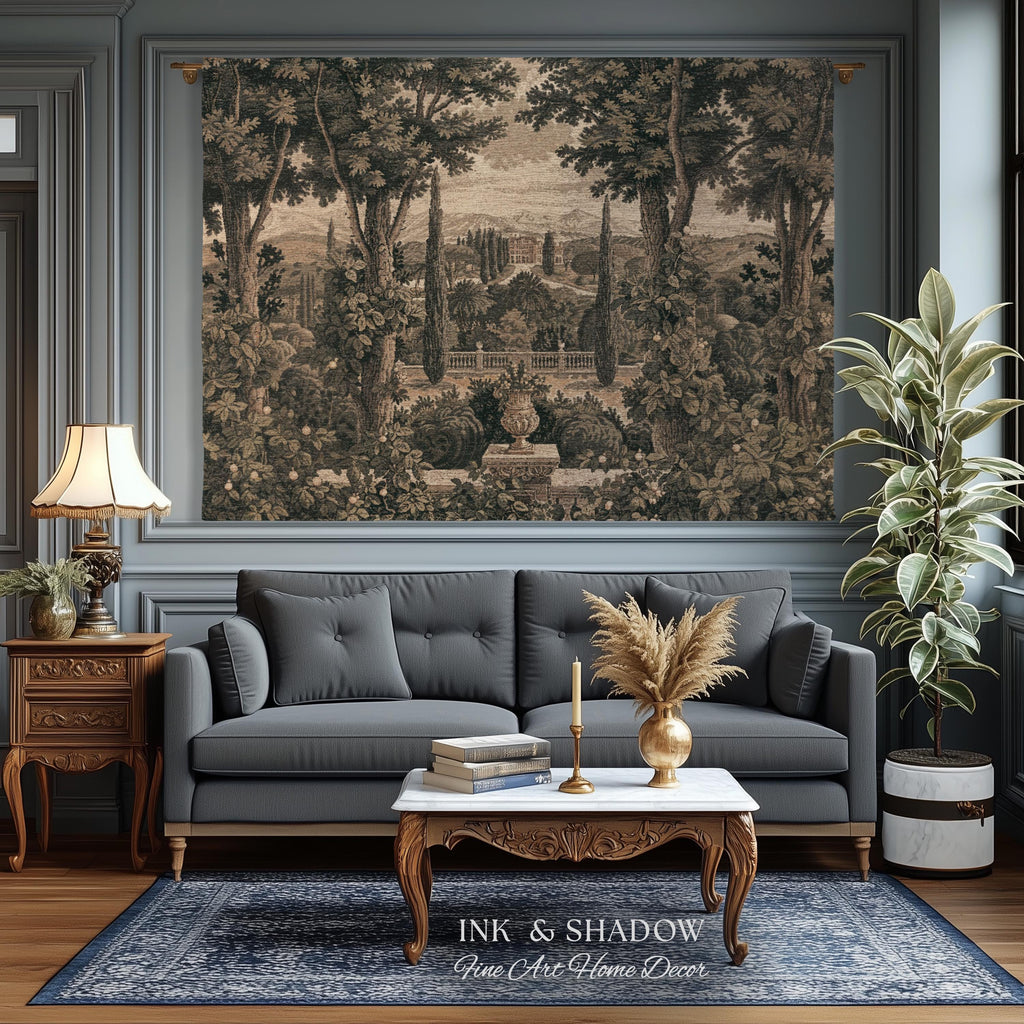 Scenic Tuscan Villa Garden View Woven Tapestry Wall Hanging | Italian Countryside Cypress Trees Landscape Classical Estate Textile Art Decor