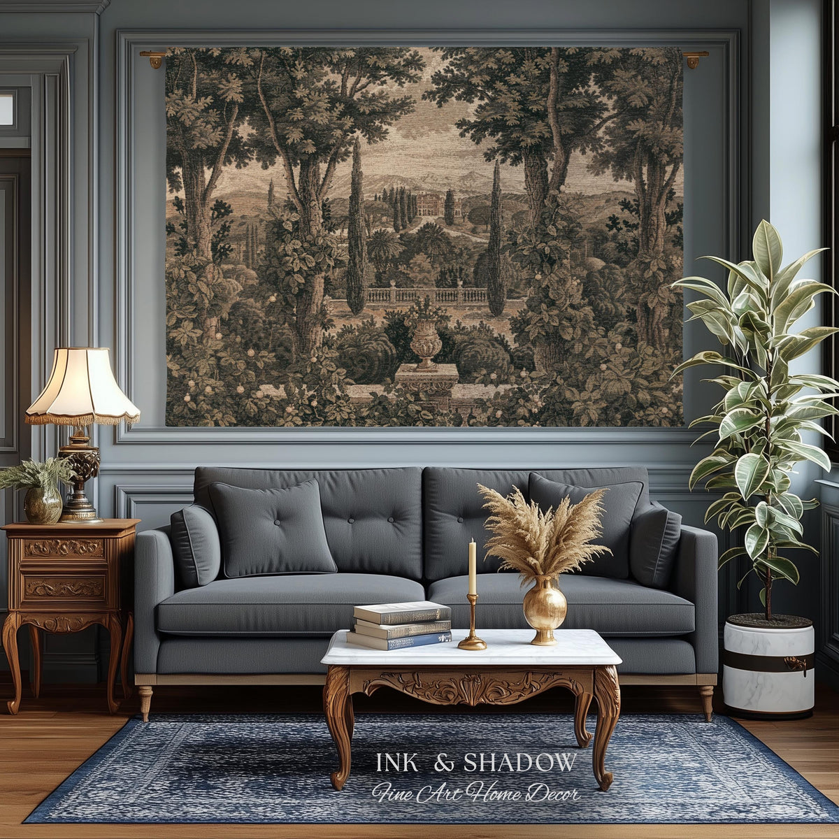 Scenic Tuscan Villa Garden View Woven Tapestry Wall Hanging | Italian Countryside Cypress Trees Landscape Classical Estate Textile Art Decor