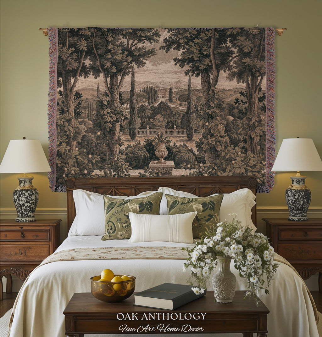 Scenic Tuscan Villa Garden View Woven Tapestry Wall Hanging | Italian Countryside Cypress Trees Landscape Classical Estate Textile Art Decor