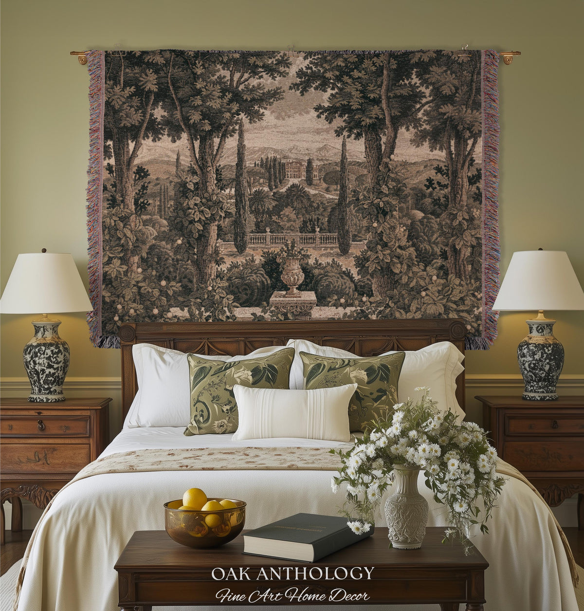 Scenic Tuscan Villa Garden View Woven Tapestry Wall Hanging | Italian Countryside Cypress Trees Landscape Classical Estate Textile Art Decor
