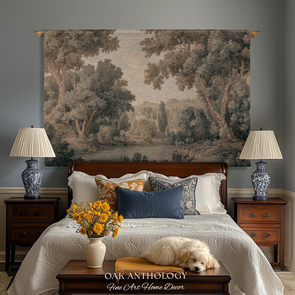 Peaceful Nature Lake Scene Tapestry Classic Woodland Landscape Woven Wall Hanging, Soft Neutral Forest Art Throw Blanket Heritage Home Decor