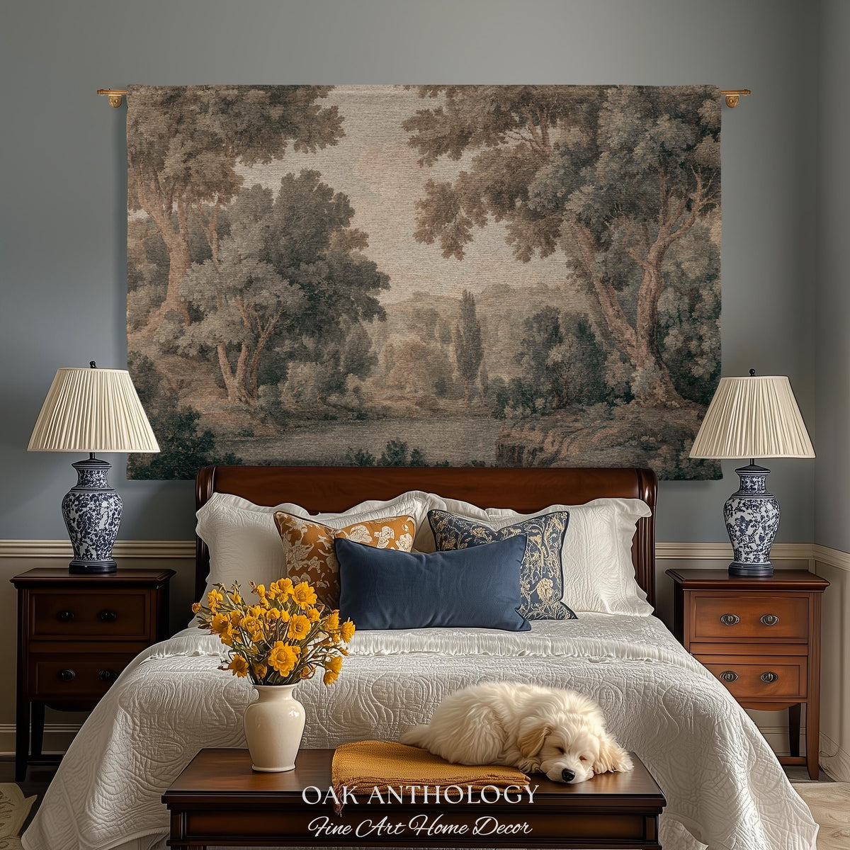 Peaceful Nature Lake Scene Tapestry Classic Woodland Landscape Woven Wall Hanging, Soft Neutral Forest Art Throw Blanket Heritage Home Decor
