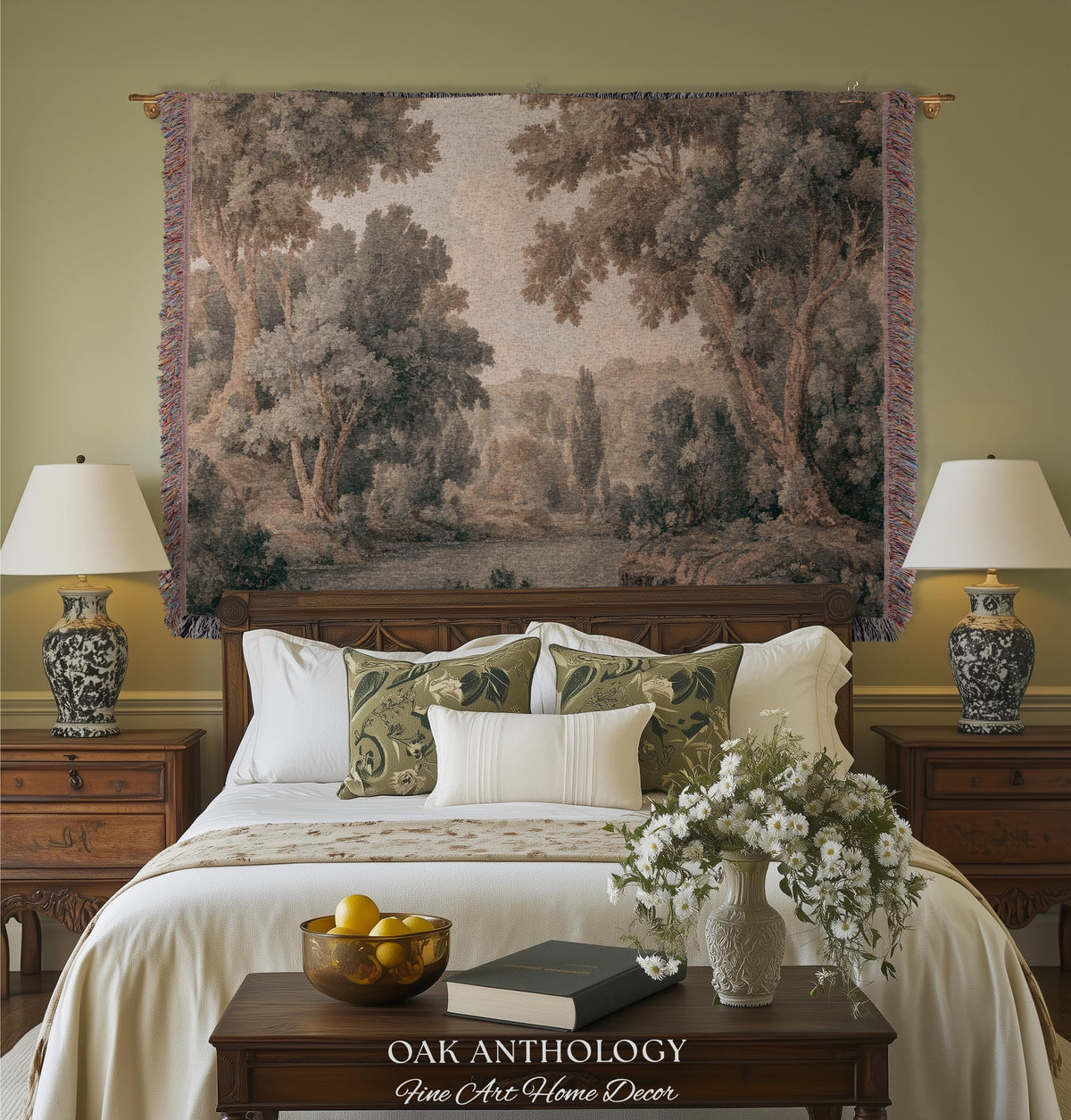 Peaceful Nature Lake Scene Tapestry Classic Woodland Landscape Woven Wall Hanging, Soft Neutral Forest Art Throw Blanket Heritage Home Decor