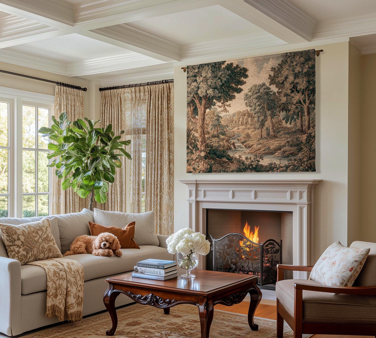 May include: A rectangular wall tapestry featuring a detailed landscape scene with tall trees, a flowing river, and rolling hills in muted earth tones of brown, green, and beige, suspended from a dark metal rod mounted above a fireplace mantel.