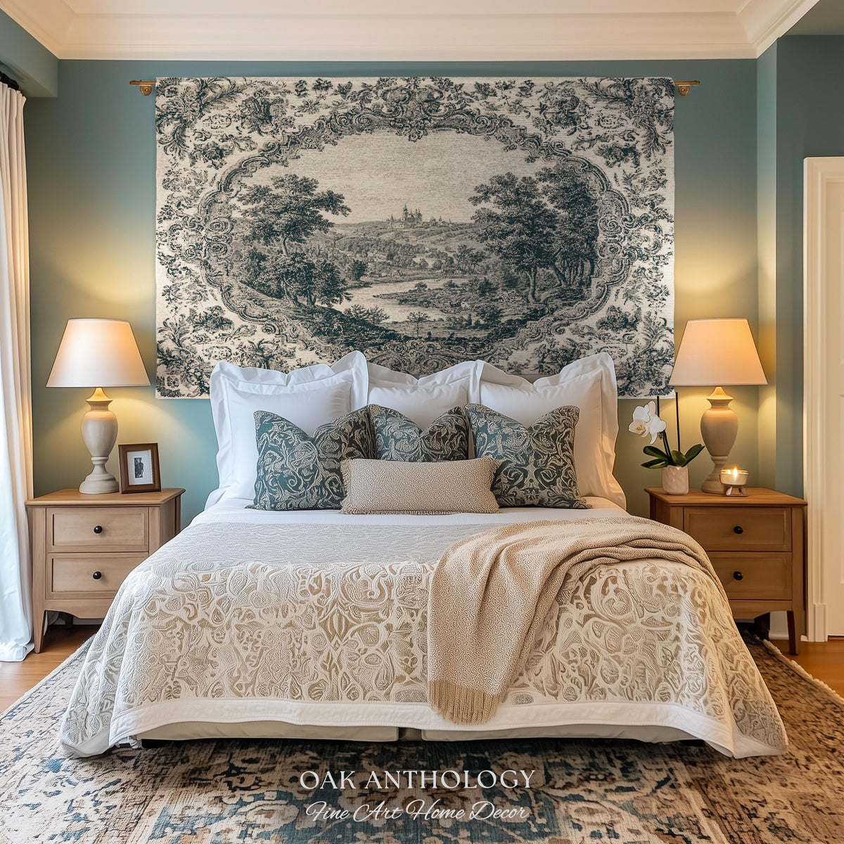 Castle Vignette Toile Style Woven Tapestry | Ornate Rococo Baroque French Countryside Throw Monochrome Landscape Pastoral Scenic Wall Decor