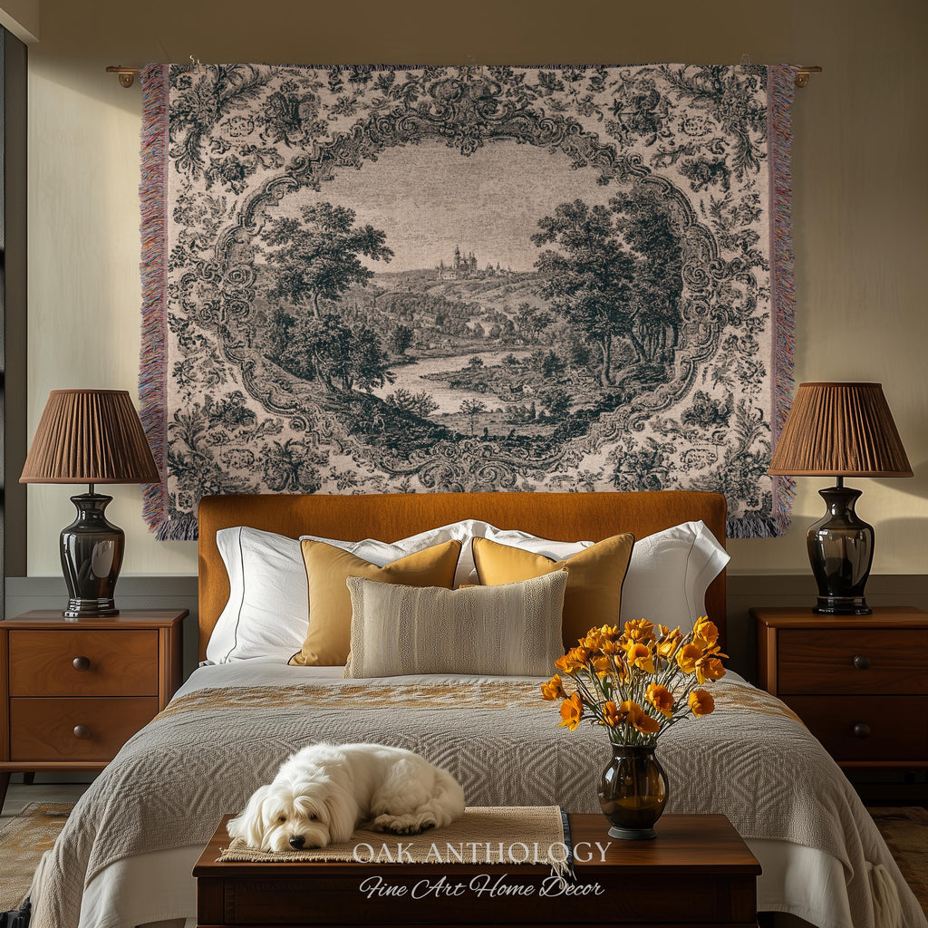 Castle Vignette Toile Style Woven Tapestry | Ornate Rococo Baroque French Countryside Throw Monochrome Landscape Pastoral Scenic Wall Decor