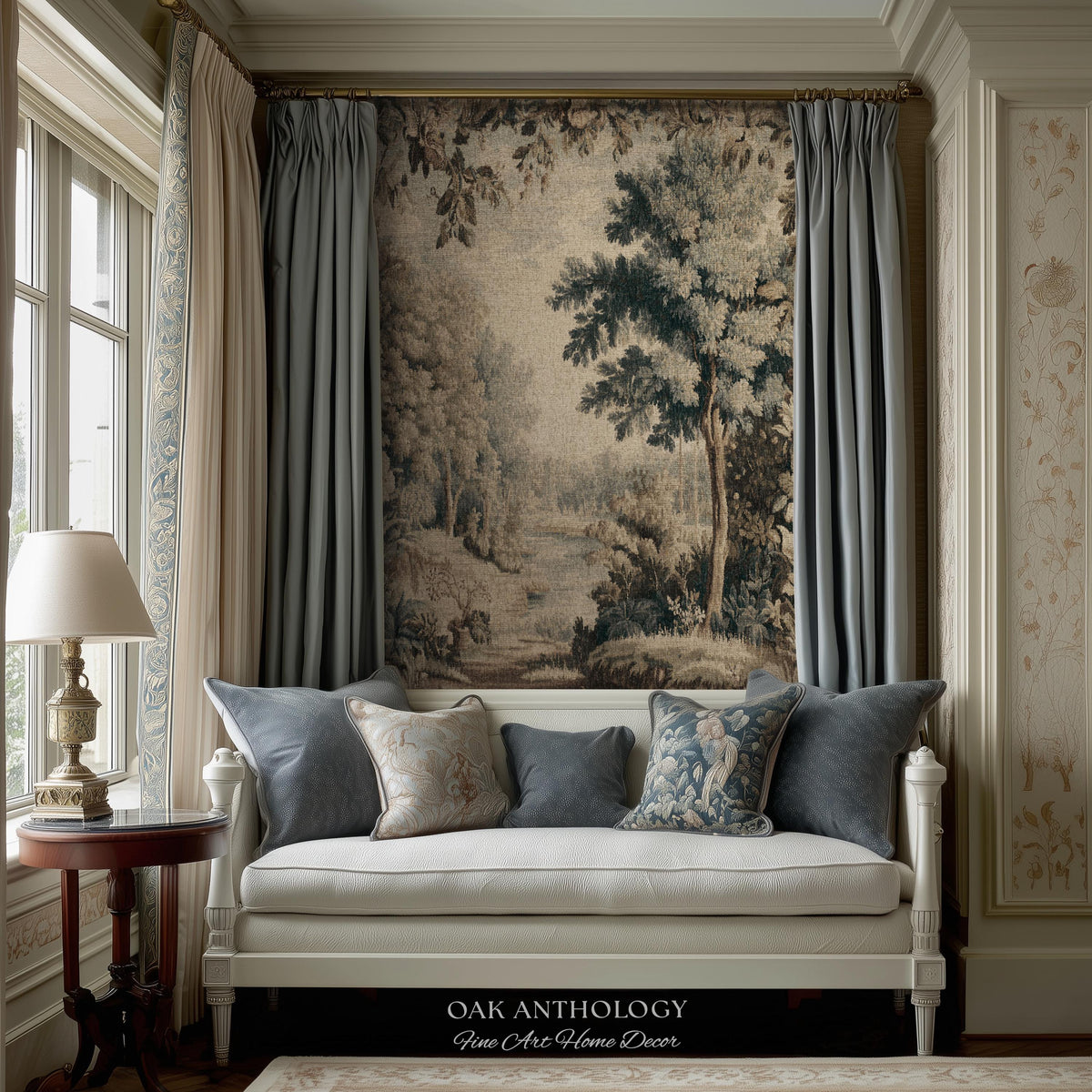Old World Charm Elegant Landscape Rustic Nature Botanical Art Living Room Decor | Antique Verdure Forest Stream Woven Tapestry Wall Hanging