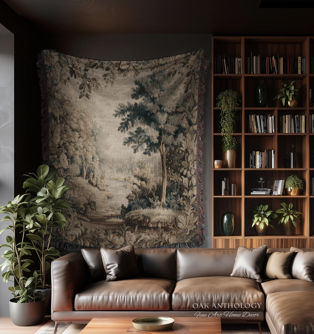 Old World Charm Elegant Landscape Rustic Nature Botanical Art Living Room Decor | Antique Verdure Forest Stream Woven Tapestry Wall Hanging