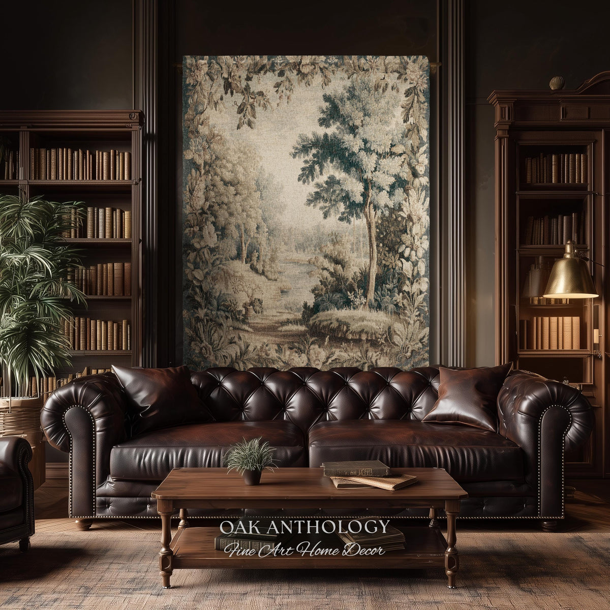 Old World Charm Elegant Landscape Rustic Nature Botanical Art Living Room Decor | Antique Verdure Forest Stream Woven Tapestry Wall Hanging
