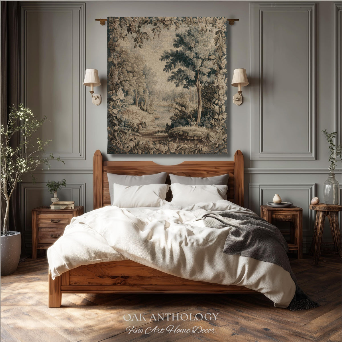 Old World Charm Elegant Landscape Rustic Nature Botanical Art Living Room Decor | Antique Verdure Forest Stream Woven Tapestry Wall Hanging